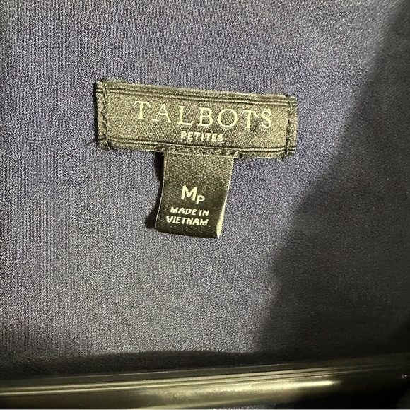 Talbots PM tunic blouse, navy w/Swiss dots, sheer sleeves, spring, office - Picture 4 of 7